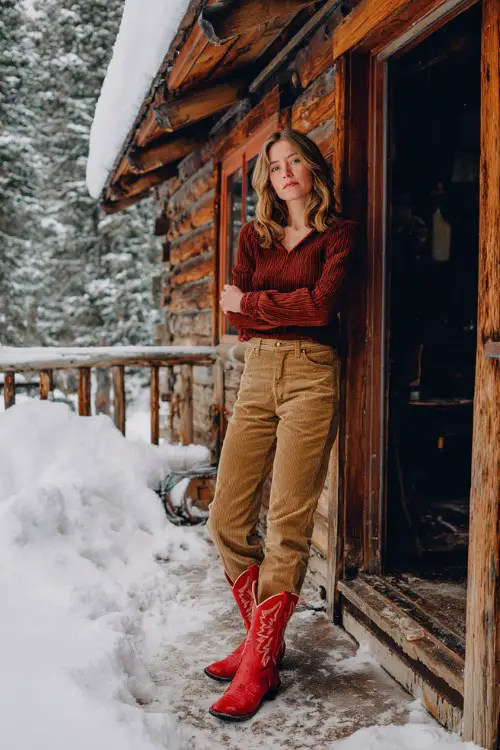 A woman over 30 wears high-rise corduroy pants with a relaxed pullover and short red cowboy boots