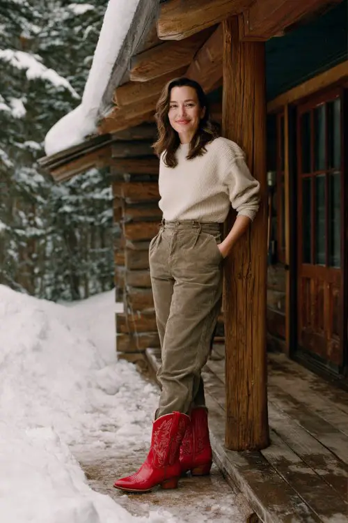 A woman over 30 wears high-rise corduroy pants with a relaxed pullover and short red cowboy boots