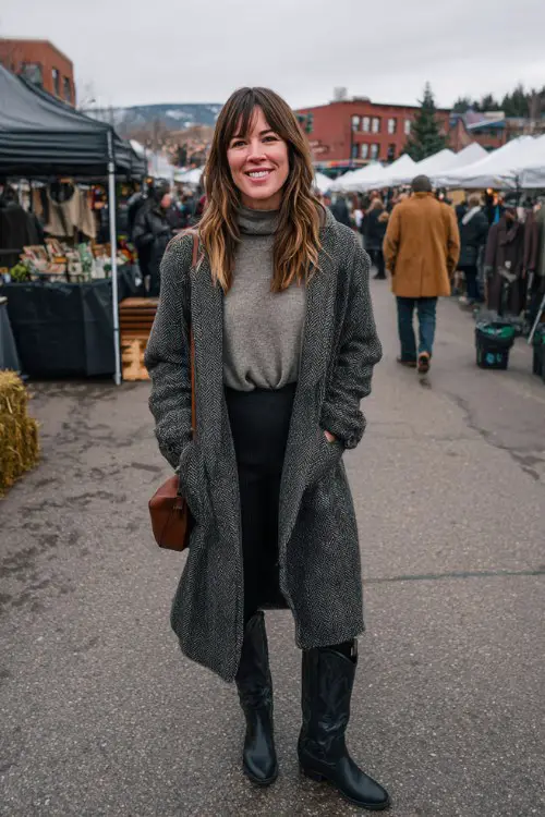 A woman over 30 wears ribbed thermal leggings with tall black cowboy boots, a gray turtleneck, and a long wool coat