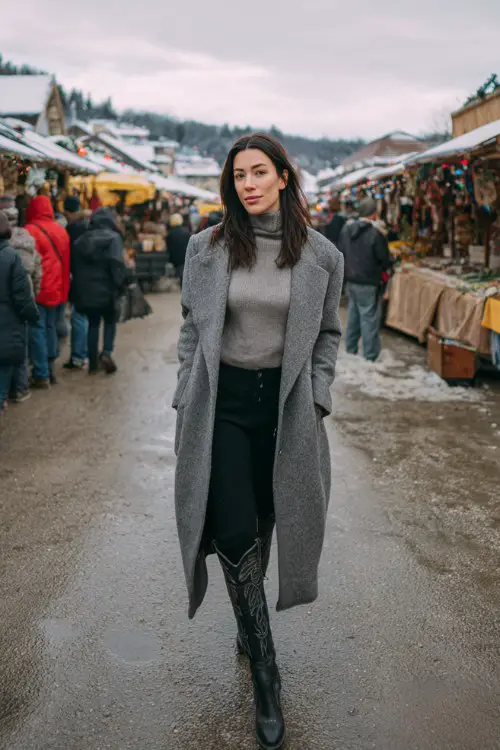 A woman over 30 wears ribbed thermal leggings with tall black cowboy boots, a gray turtleneck, and a long wool coat