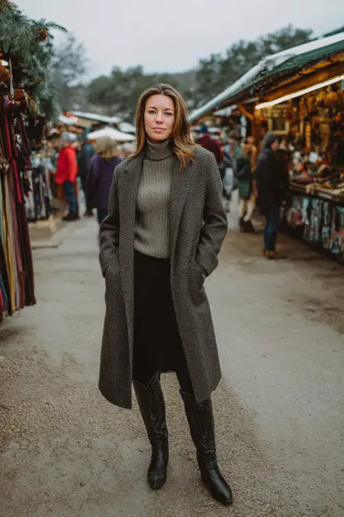 A woman over 30 wears ribbed thermal leggings with tall black cowboy boots, a gray turtleneck, and a long wool coat