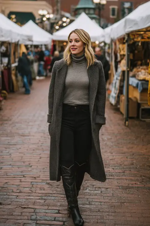 A woman over 30 wears ribbed thermal leggings with tall black cowboy boots, a gray turtleneck, and a long wool coa