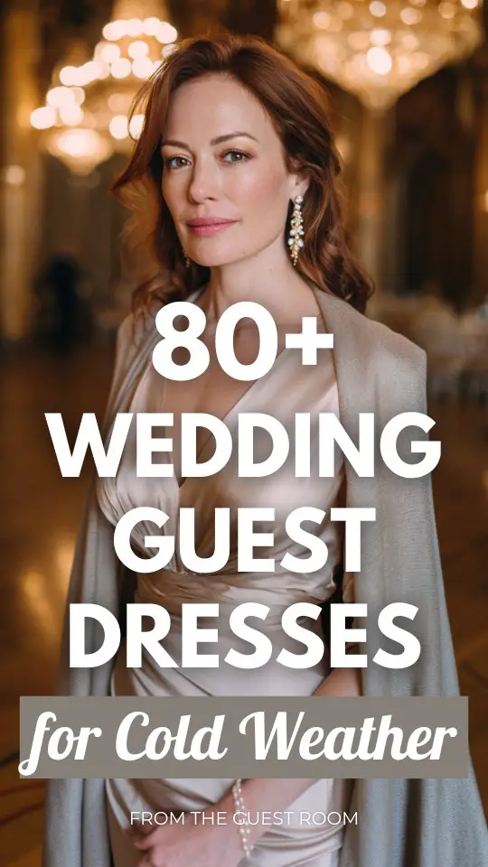 A woman over 35 wears a champagne silk wedding guest dress with long sleeves, paired with a gray cashmere shawl and pearl drop earrings for cold weather wedding