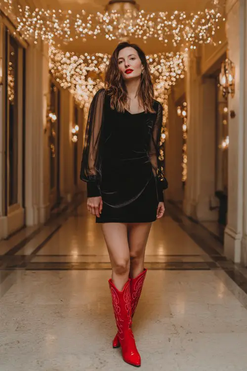 A woman over 40 wears a black velvet mini dress with sheer sleeves and bold red cowboy boots