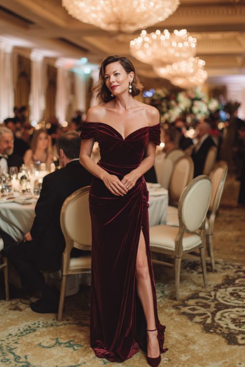 A woman over 40 wears a burgundy velvet gown with dramatic shoulder draping, pearl embellishments, and pointed pumps
