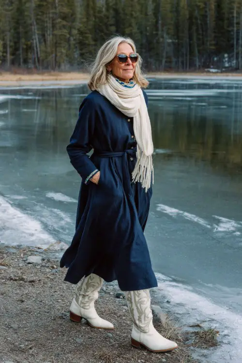 A woman over 40 wears a navy belted wool dress with tall white cowboy boots and a cream scarf