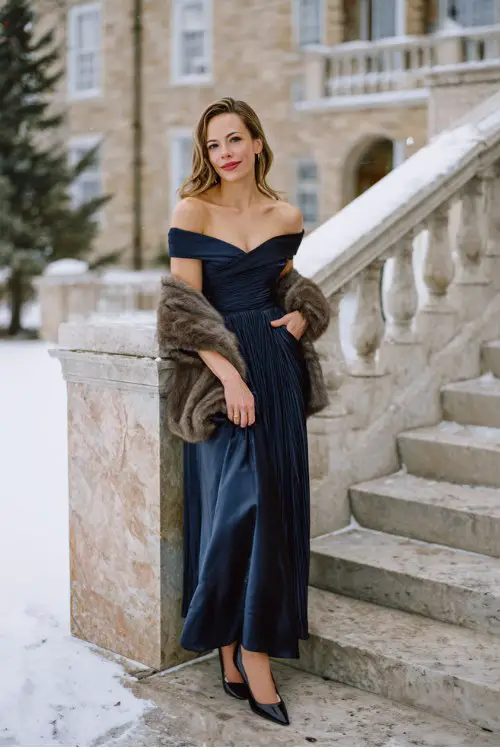 A woman over 40 wears a navy blue off-the-shoulder gown with a pleated skirt and fitted bodice, paired with black heeled boots and a faux fur wrap