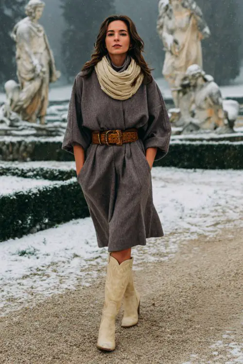 A woman over 40 wears a turtleneck wool dress with a belted cape and beige cowboy boots
