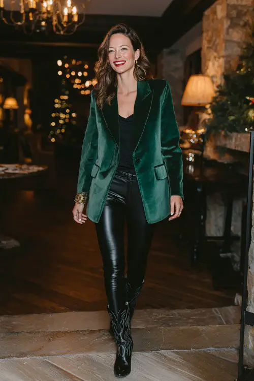 A woman over 40 wears black faux leather leggings with a green velvet blazer and black cowboy boots