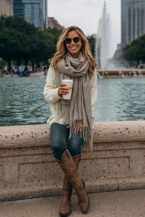A woman over 40 wears brown tall cowboy boots with a cream cashmere sweater, dark skinny jeans, and a wool shawl