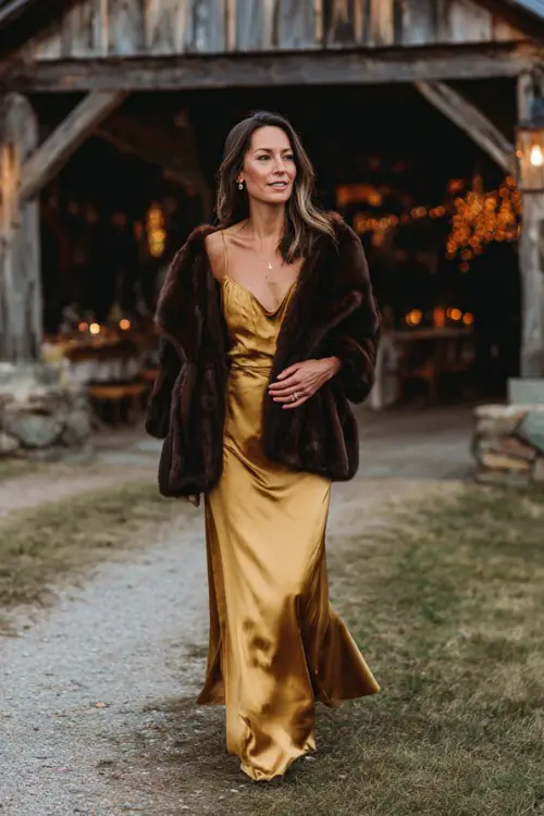 A woman over 50 wears a gold satin gown with flutter sleeves and a dark chocolate fur coat