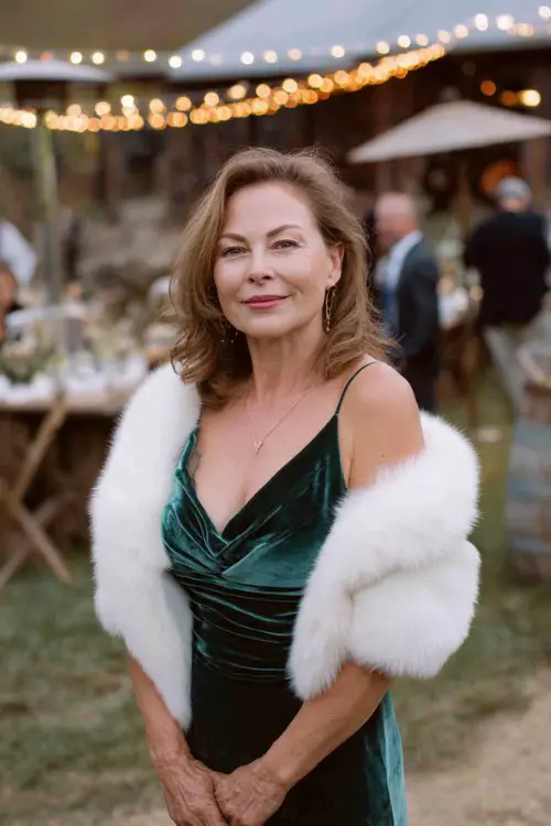 A woman over 50 wears an emerald velvet gown with a white fur stole