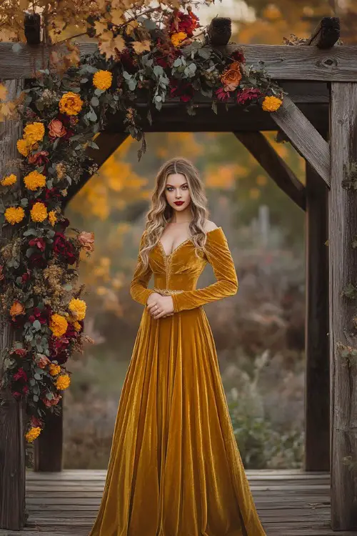 A woman wearing a mustard velvet gown with an off-the-shoulder neckline, standing under a floral archway surrounded by autumn foliage