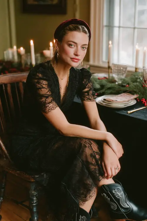A woman wears a black lace midi dress with sheer sleeves, a velvet headband, and black cowboy boots
