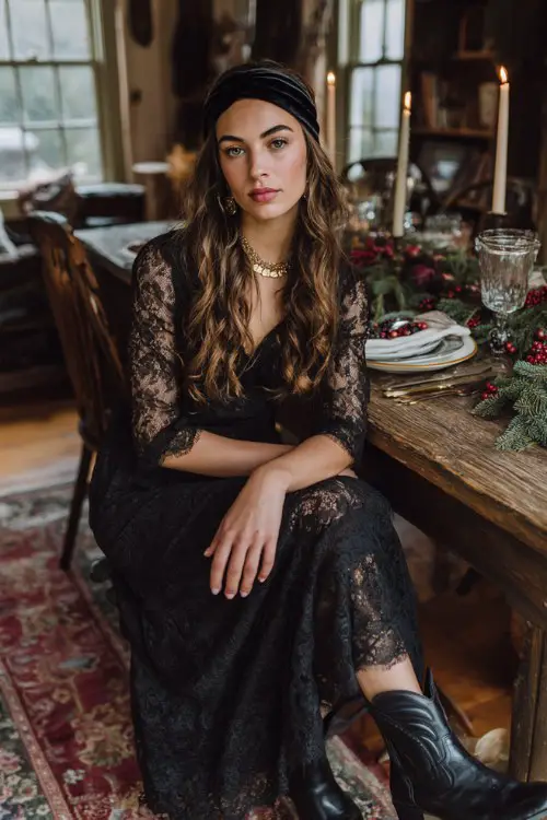 A woman wears a black lace midi dress with sheer sleeves, a velvet headband, and black cowboy boots