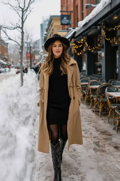 A woman wears a black long-sleeve midi dress with sheer black tights and tall black cowboy boots, styled with a camel trench coat