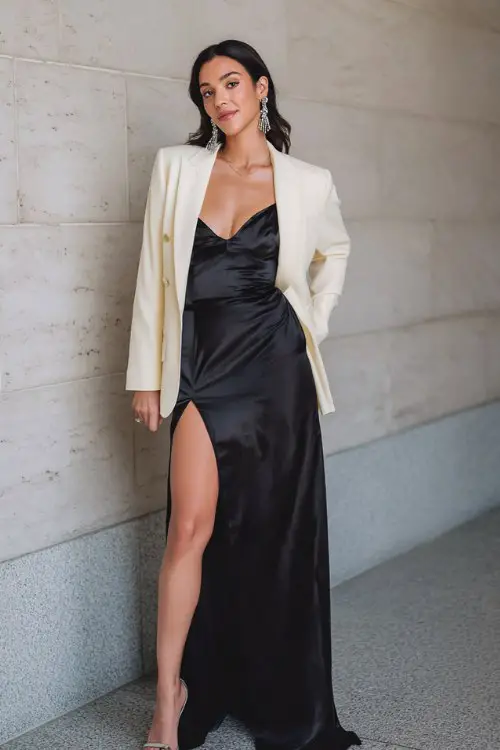 A woman wears a black satin floor-length gown with a thigh-high slit, layered with a cream tailored longline blazer