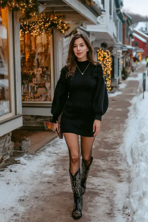 A woman wears a black sweater dress with balloon sleeves, black tights, and embroidered cowboy boots, walking down a frosty village street