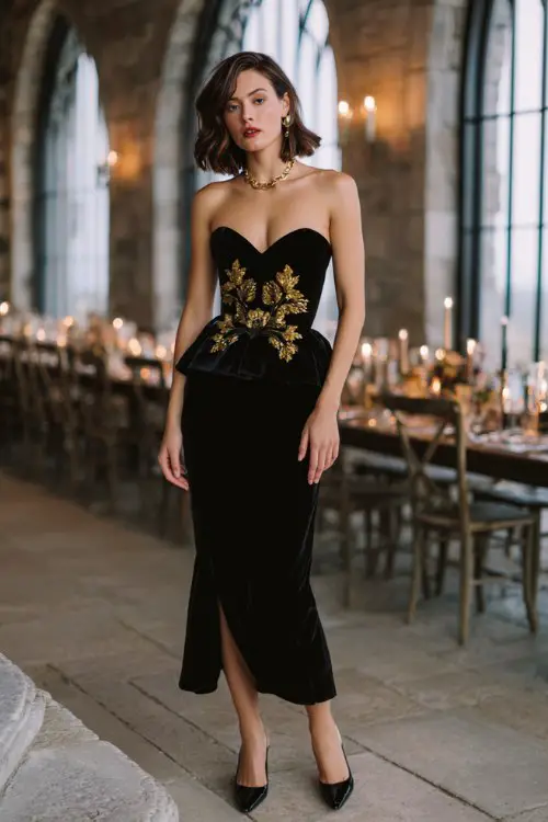 A woman wears a black velvet cocktail dress with a sweetheart neckline, peplum waist, and gold foil floral appliqué, styled with classic pumps