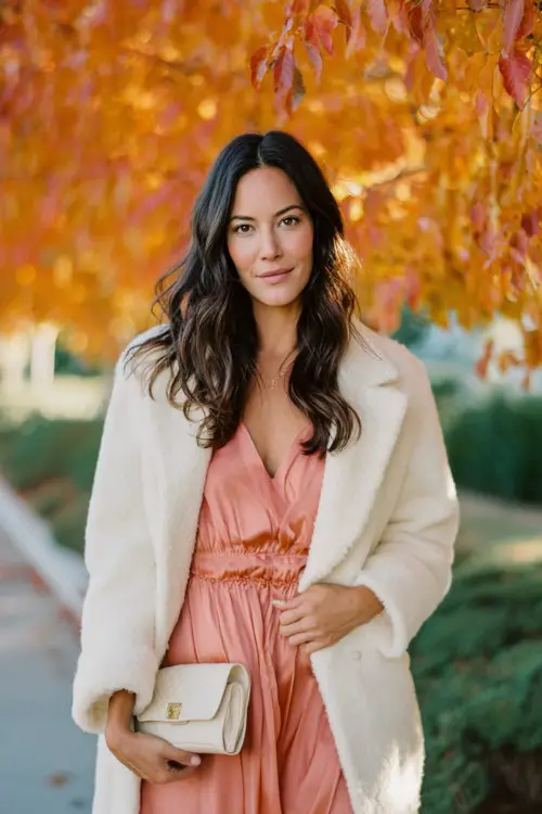 A woman wears a blush chiffon dress layered with a cream wool coat, holding a clutch while standing under trees with vibrant orange leaves