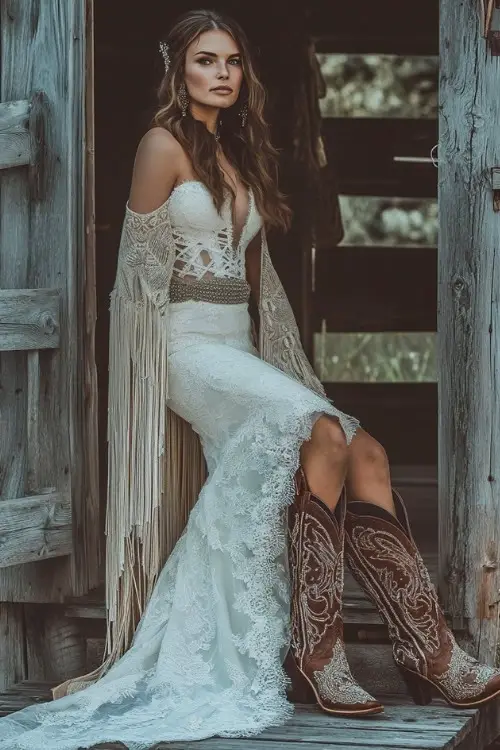 A woman wears a bohemian wedding dress with a fringed shawl and embroidered cowboy boots