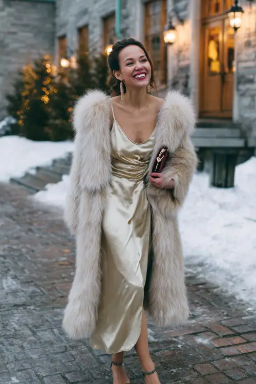 A woman wears a champagne silk dress with a long ivory fur coat, holding a clutch while walking along a snowy cobblestone path toward a winter reception