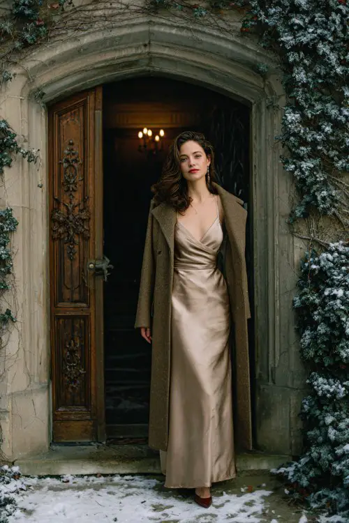 A woman wears a champagne silk gown with an asymmetric neckline and long camel coat