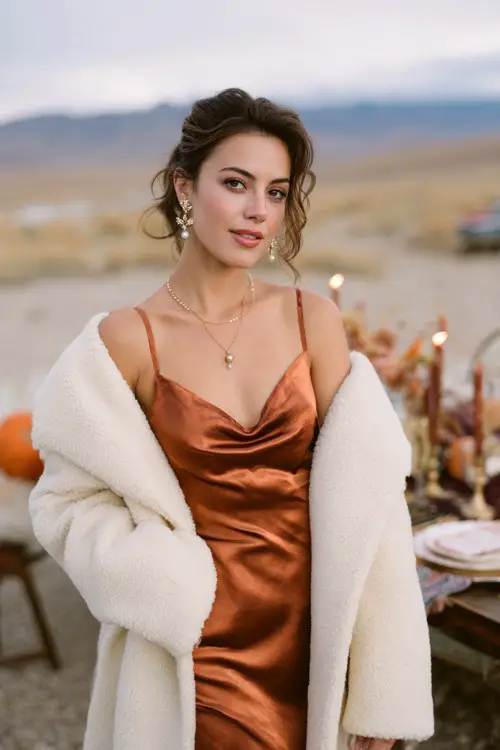 A woman wears a copper satin dress with a cream wool coat and pearl earrings