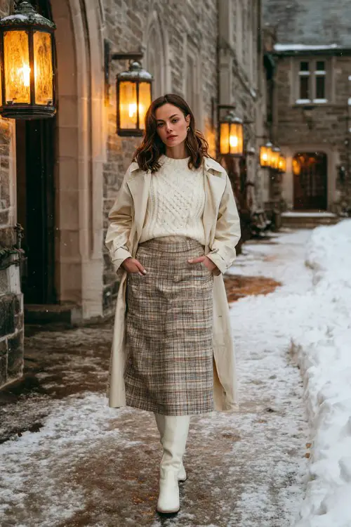 A woman wears a cream cable-knit sweater tucked into a plaid midi skirt, paired with tall white cowboy boots and a soft beige trench coat