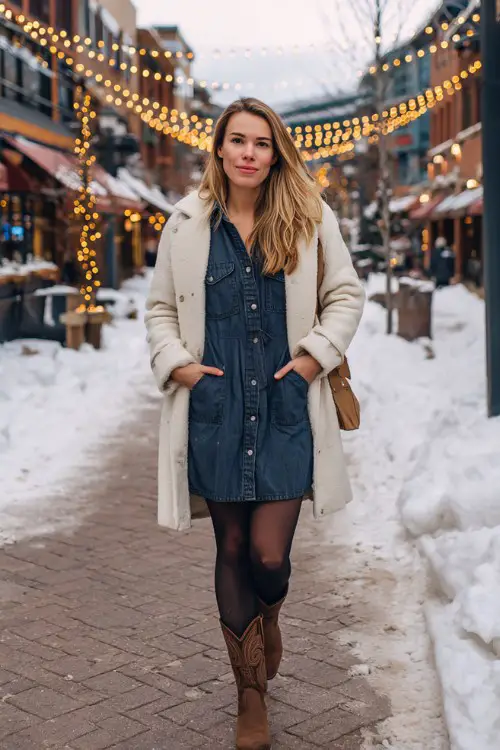 A woman wears a dark wash button-down denim dress with black tights, brown cowboy boots, and a cream wool coat