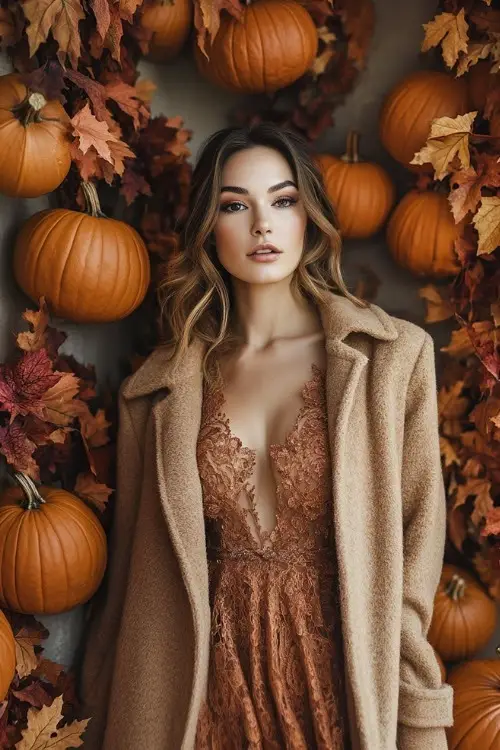 A woman wears a deep orange dress with a camel coat, posing by a wedding photo wall decorated with pumpkins and autumn leaves (2)
