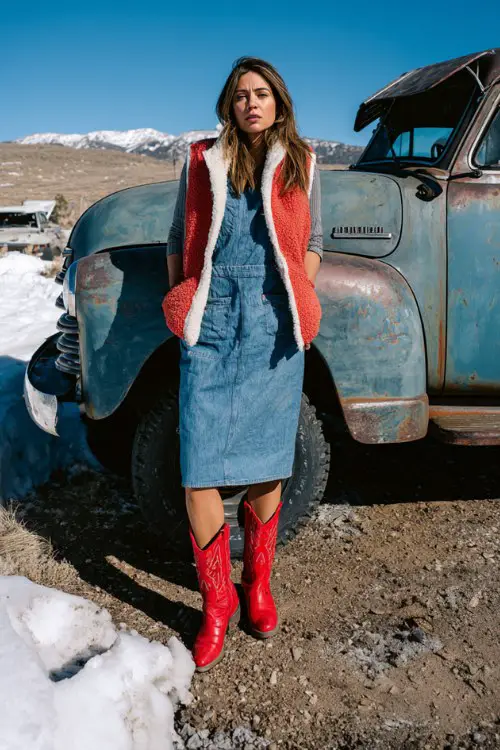 A woman wears a denim midi dress with a fleece vest and short red cowboy boots