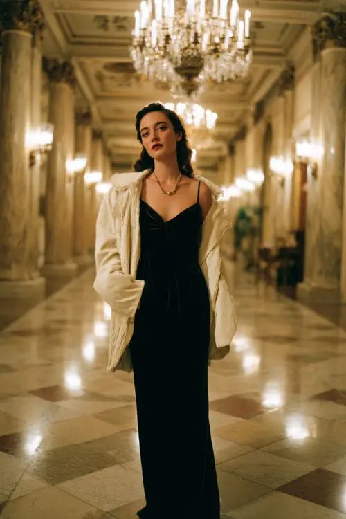 A woman wears a floor-length black velvet gown with a structured cream wool coat draped over her shoulders
