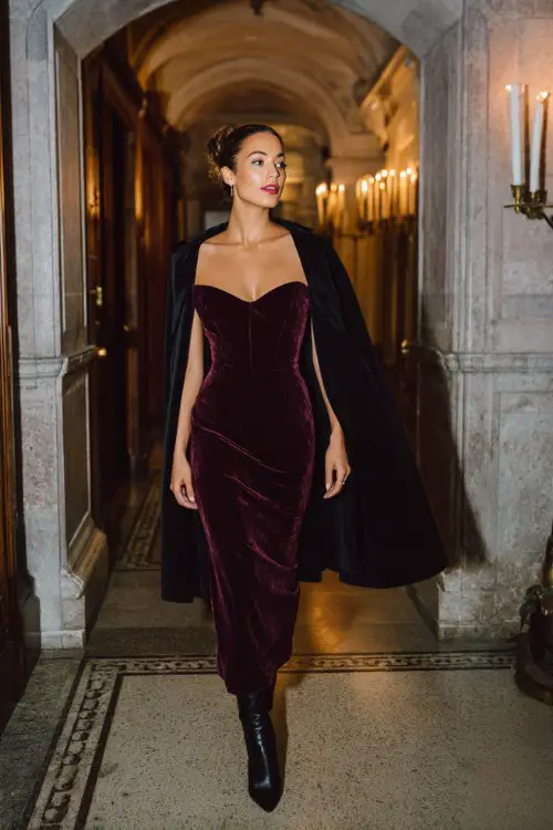 A woman wears a floor-length deep wine velvet dress with a structured bodice, cape-style sleeves, and pointed black stiletto boots