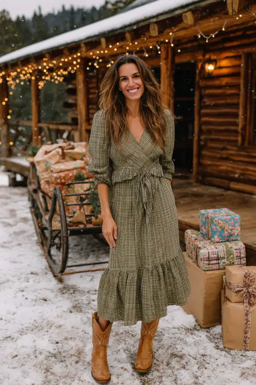 A woman wears a green plaid midi dress with ruffled hem and tan cowboy boots