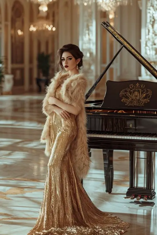 A woman wears a long-sleeve sequin gown with a plunging neckline and fur gloves, standing in front of a grand hotel entrance at night