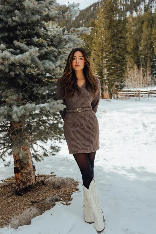 A woman wears a mocha ribbed sweater dress cinched at the waist, paired with black tights and white cowboy boots