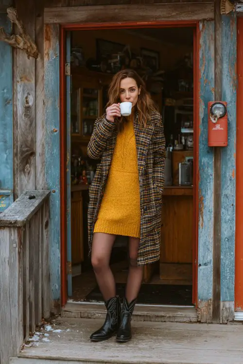 A woman wears a mustard sweater dress layered with a checked coat, black tights, and short black cowboy boots