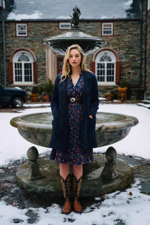 A woman wears a navy floral dress under a tweed coat, paired with embroidered cowboy boots