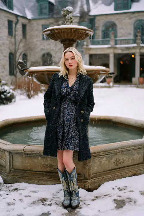 A woman wears a navy floral dress under a tweed coat, paired with embroidered cowboy boots