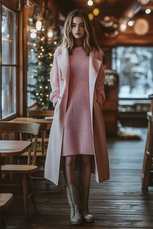 A woman wears a pink knit wedding guest dress with a blush long coat and gray boots