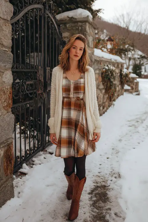 A woman wears a plaid winter dress in warm tones with black tights and brown cowboy boots, layered with a soft cardigan