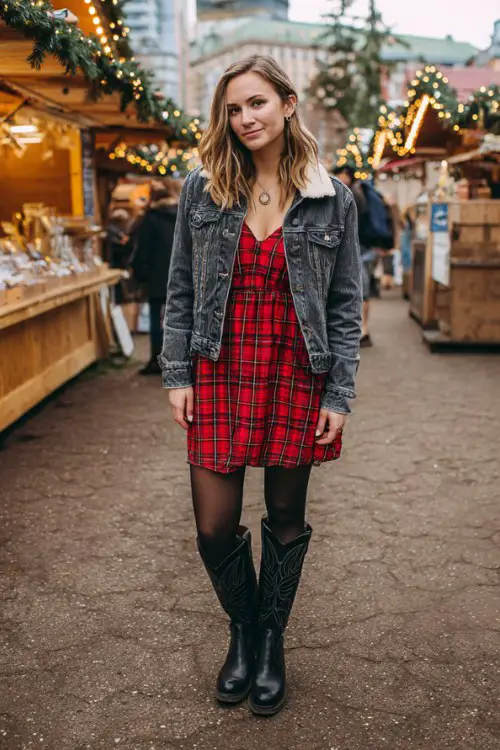 A woman wears a red plaid dress with black tights and tall black cowboy boots, styled with a shearling-lined denim jacket