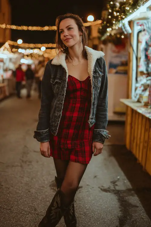 A woman wears a red plaid dress with black tights and tall black cowboy boots, styled with a shearling-lined denim jacket