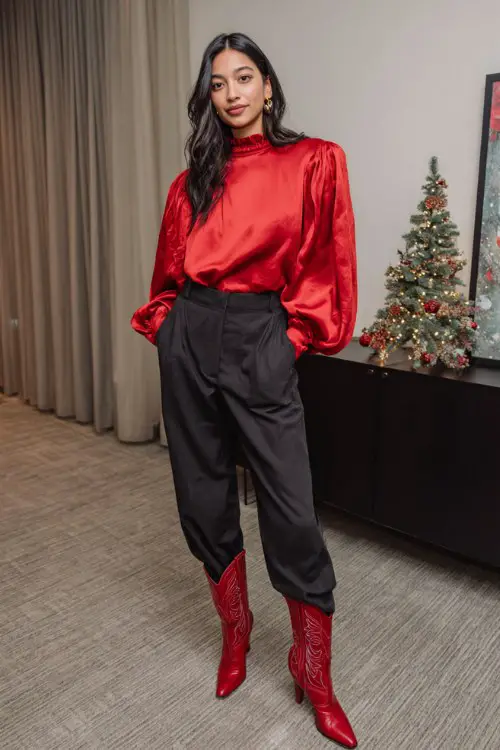 A woman wears a red satin blouse with balloon sleeves, black tailored trousers, and tall red cowboy boots