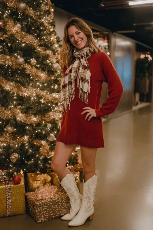 A woman wears a red sweater dress with white cowboy boots and a plaid scarf, standing beside a decorated Christmas tree 