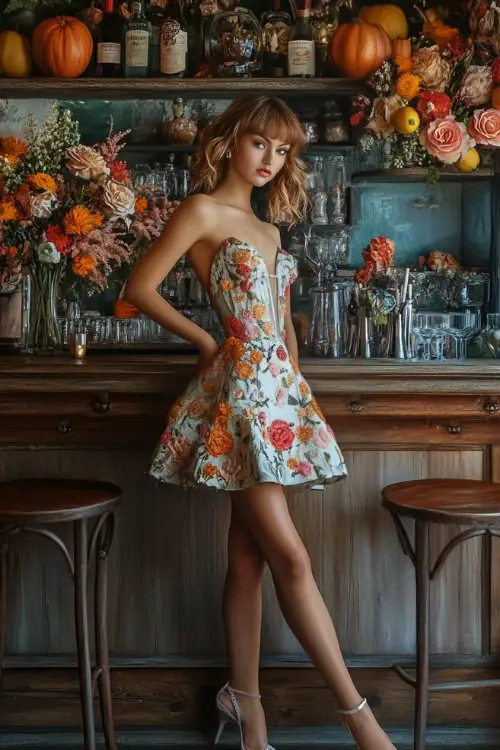 A woman wears a short floral wedding guest dress with silver heels