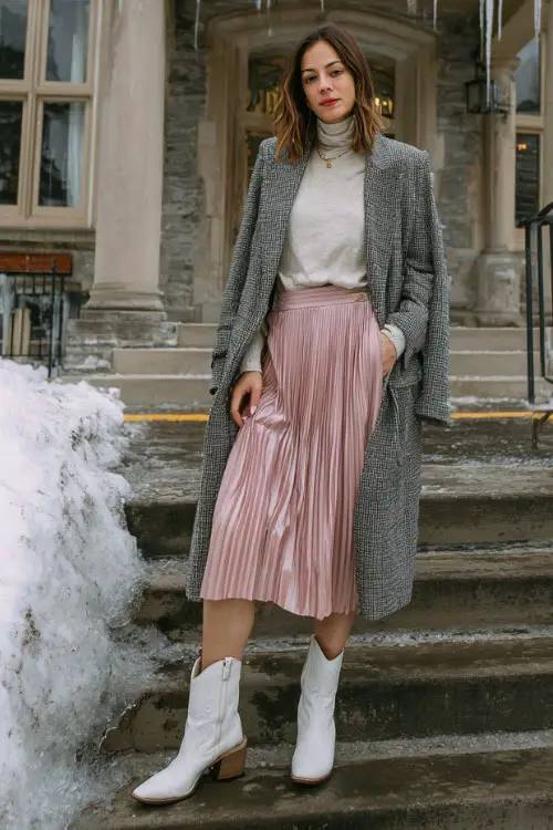 A woman wears a soft pink pleated midi skirt, a tucked-in turtleneck sweater, and white cowboy boots, layered with a gray coat