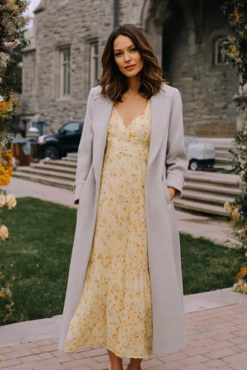 A woman wears a soft yellow floral print dress with sheer polka-dot overlay and long bishop sleeves, layered with a light grey wool coat and ankle-strap heels