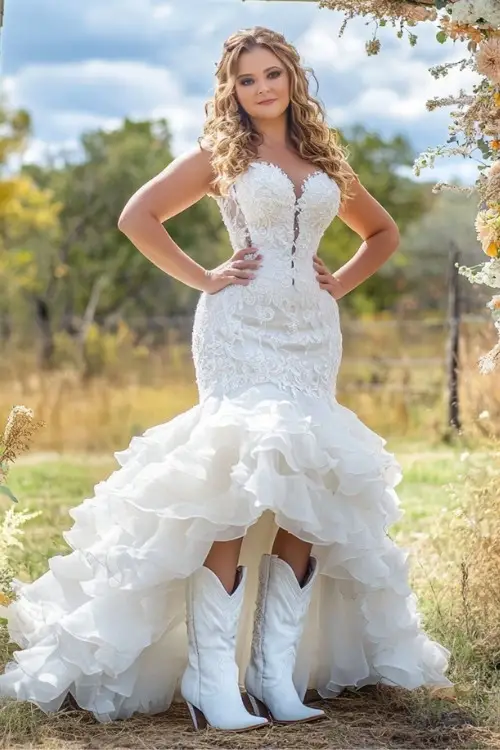 A woman wears a strapless white lace mermaid wedding gown with a ruffled train and white cowboy boots
